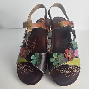 EUC Spring Step Belladonna Colorful Leather Flower Wedge Sandals EU41